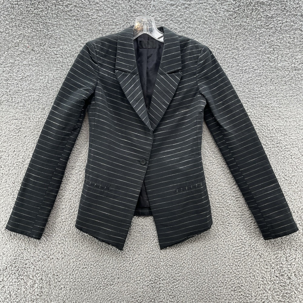 Rta Blazer XXS Black‎ Silver Metallic Pinstripe Raw Edge Career Party Jacket